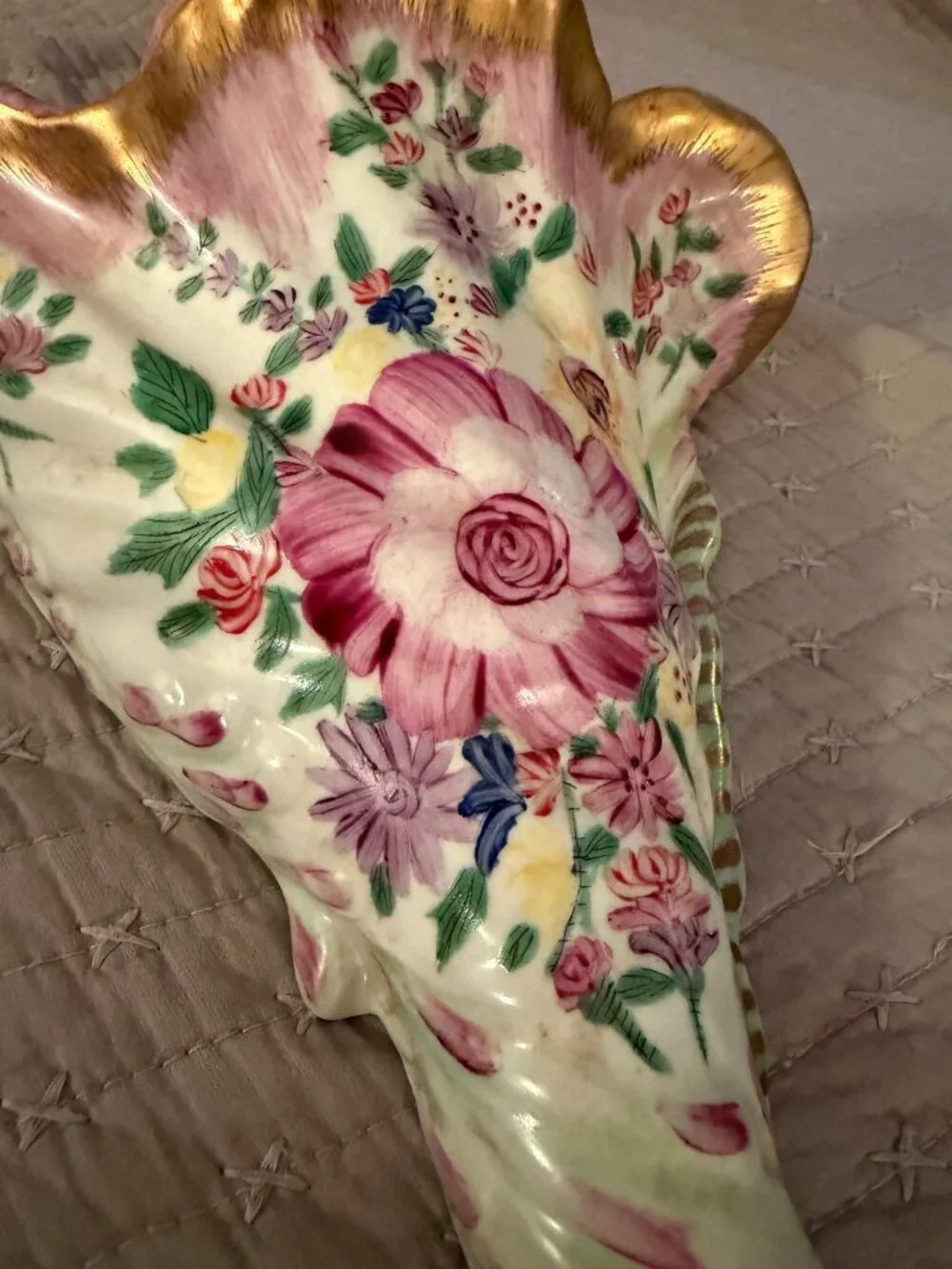 Antique French Cornucopia Shaped Hand-painted Floral Wall Vase Decorative